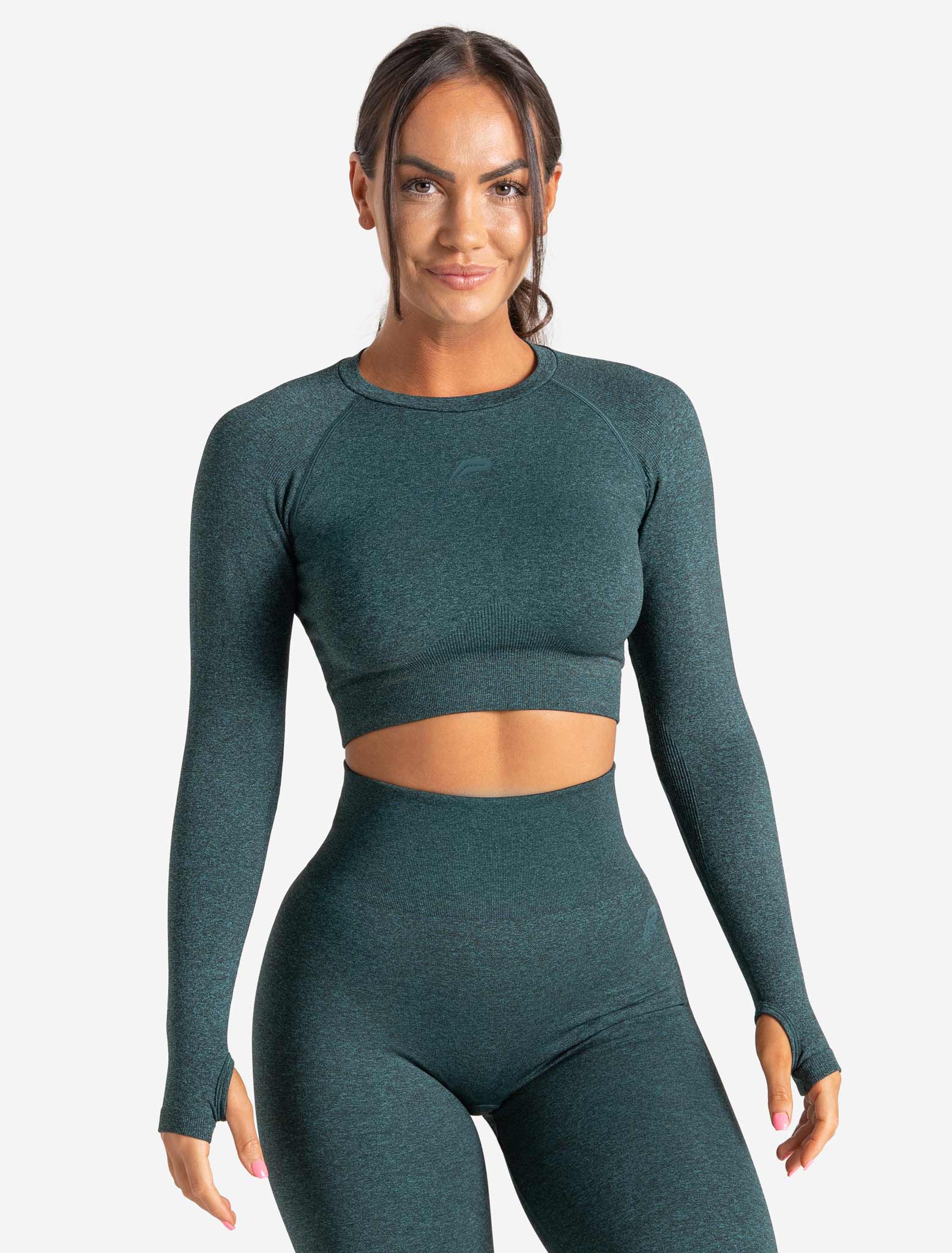 Core Seamless Long Sleeve Crop Top / Teal Marl Pursue Fitness 1