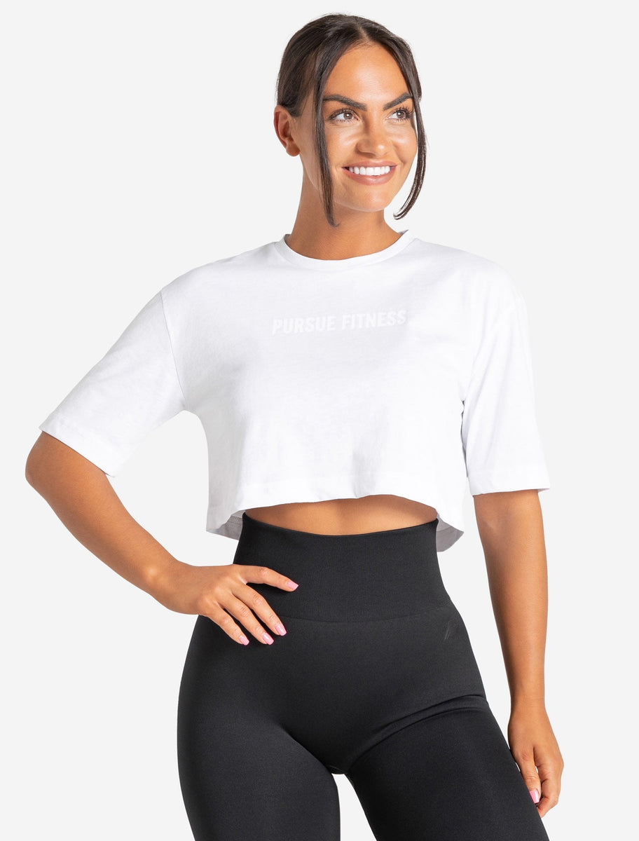 Women's Oversized Crop T-Shirt White Pursue Fitness