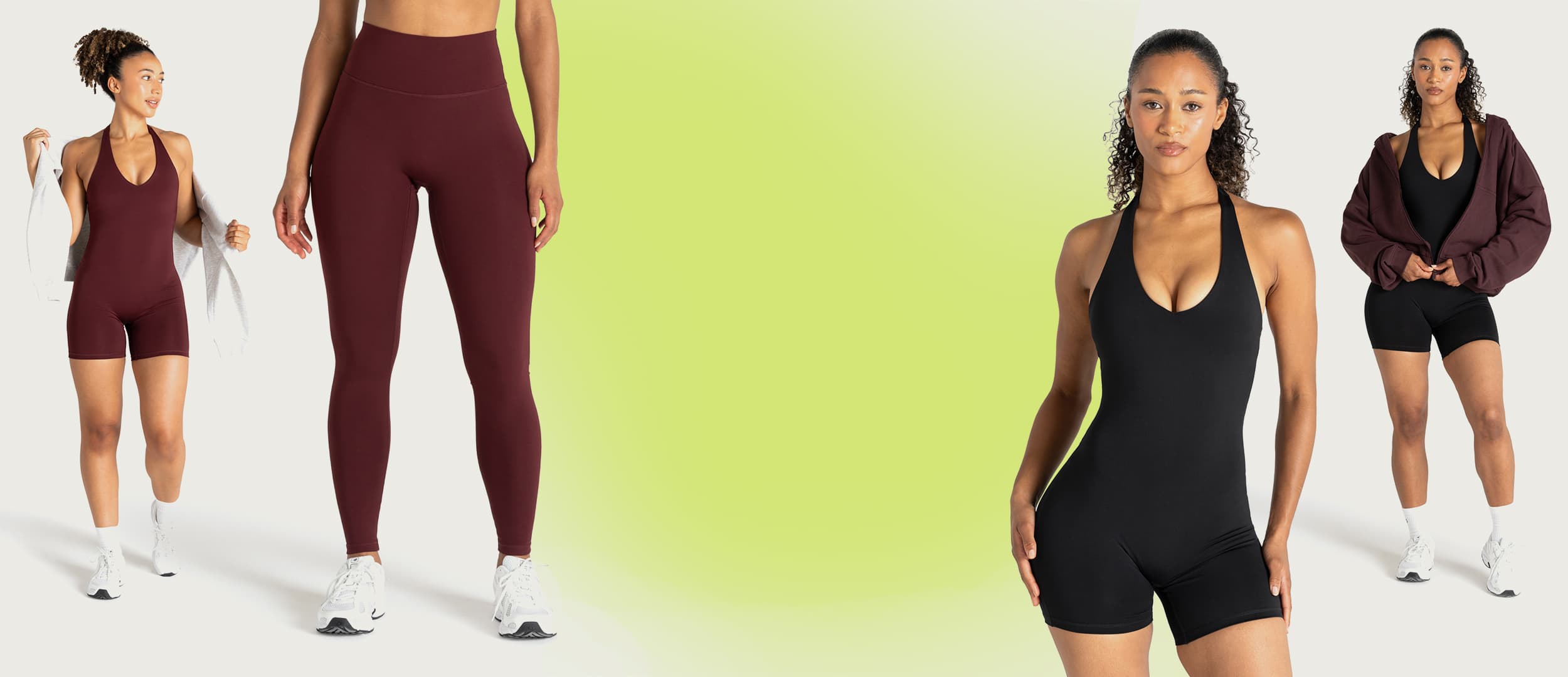 Woman in black athletic outfit on a green gradient background