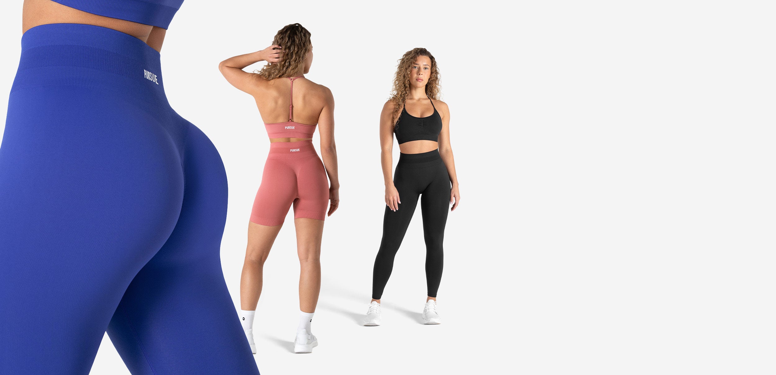 Three women modeling athletic wear on a white background