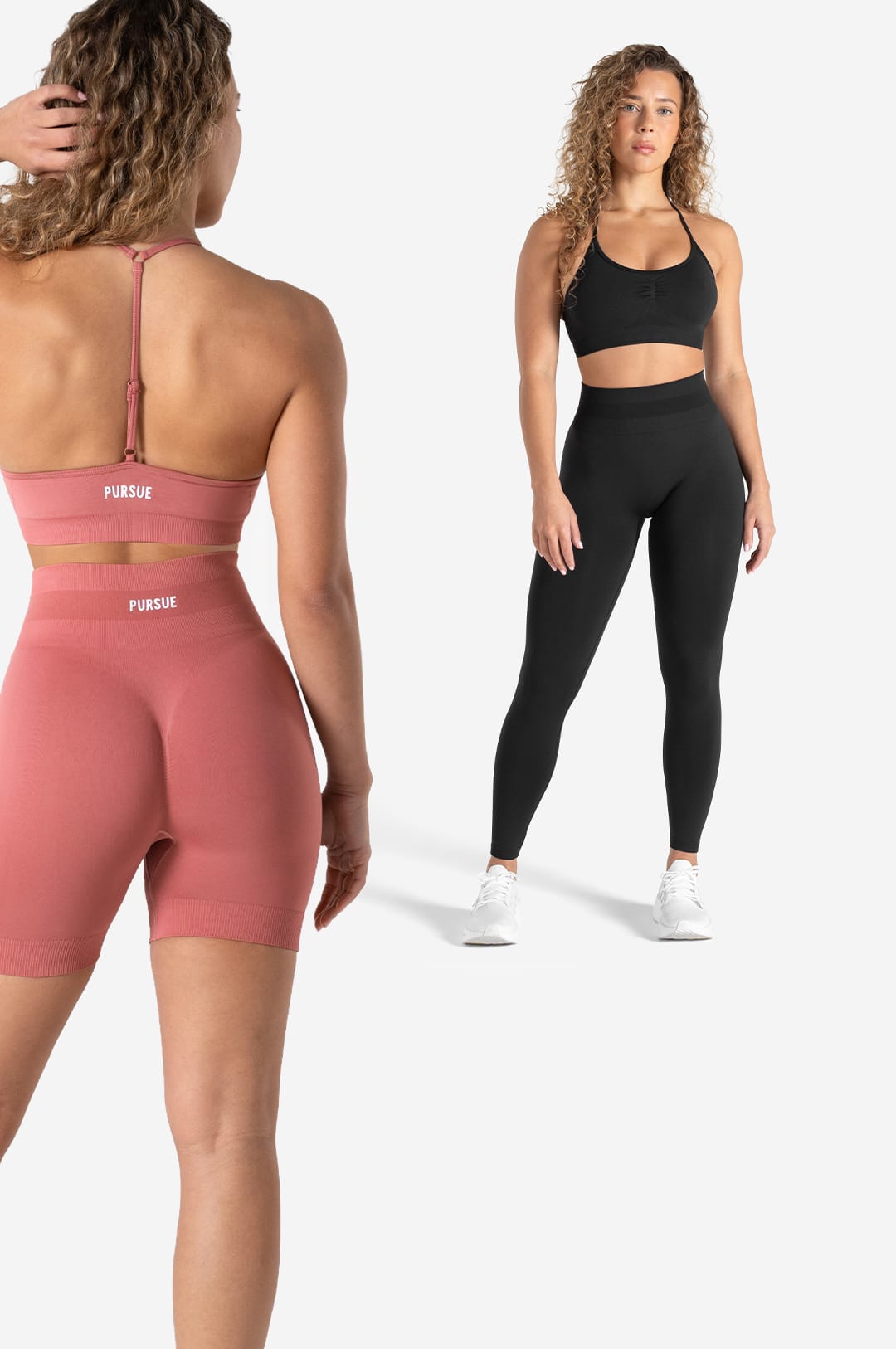 Two women modeling pink and black athletic wear on a white background