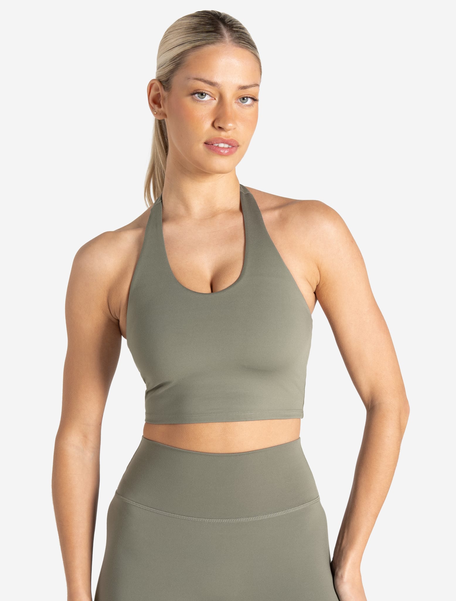 Allure Halter Built-in Bra Crop Top - Dusky Sage Pursue Fitness 1