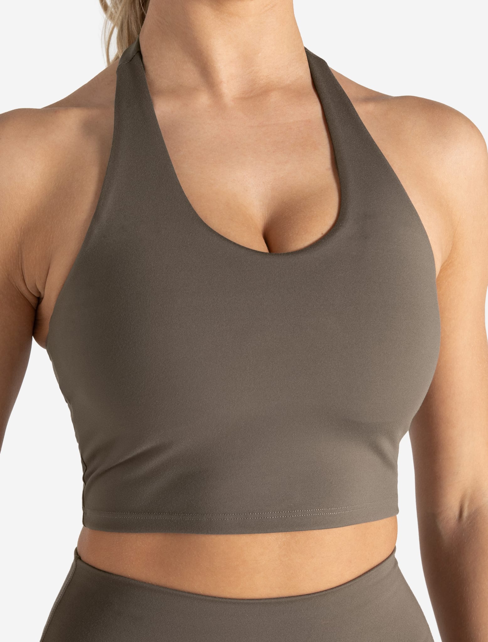Allure Halter Built-in Bra Crop Top - Taupe Pursue Fitness 3