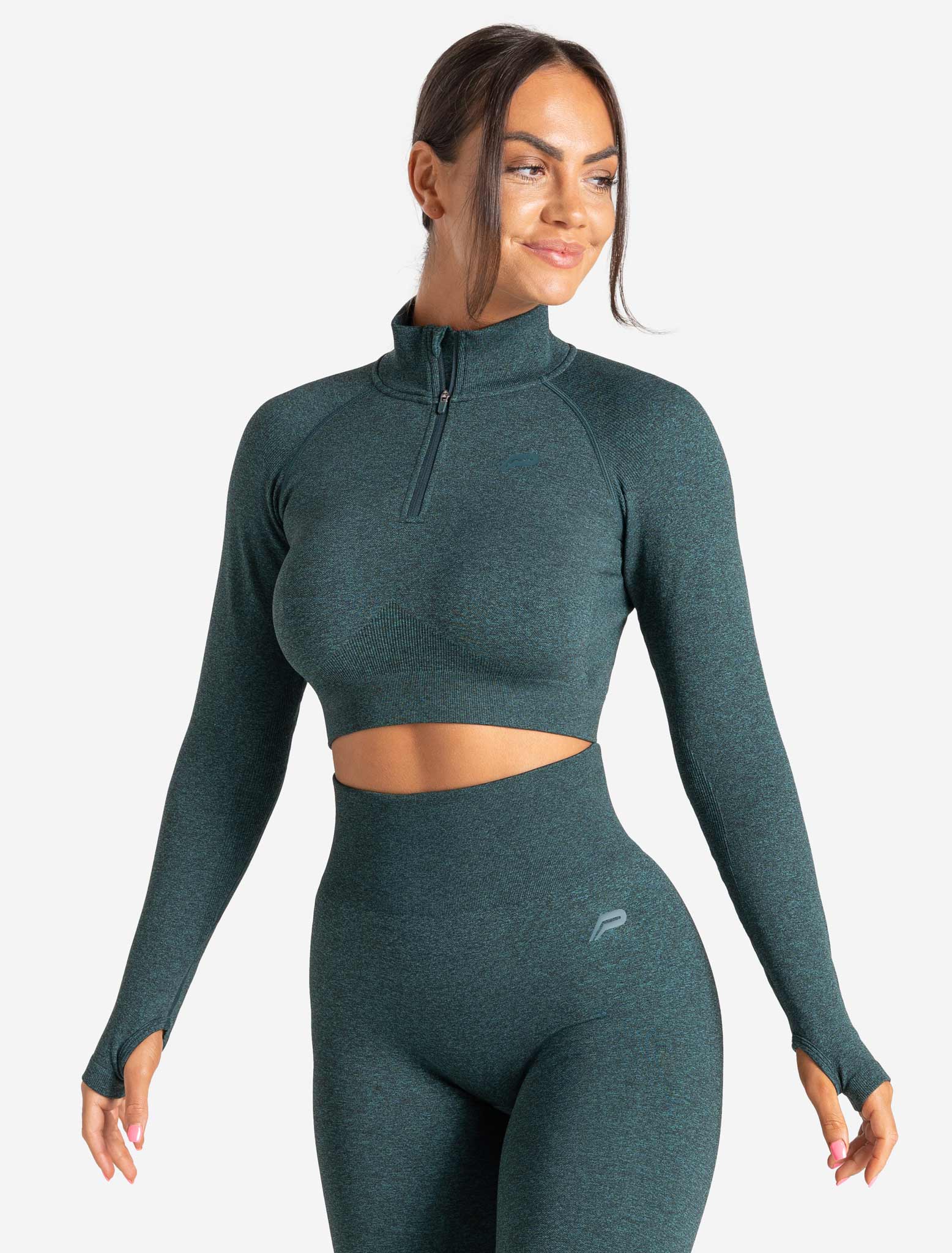 Core Seamless Crop 1/2 Zip, Teal Marl