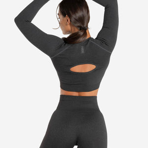 Core Seamless Long Sleeve Crop Top / Black Marl Pursue Fitness 2