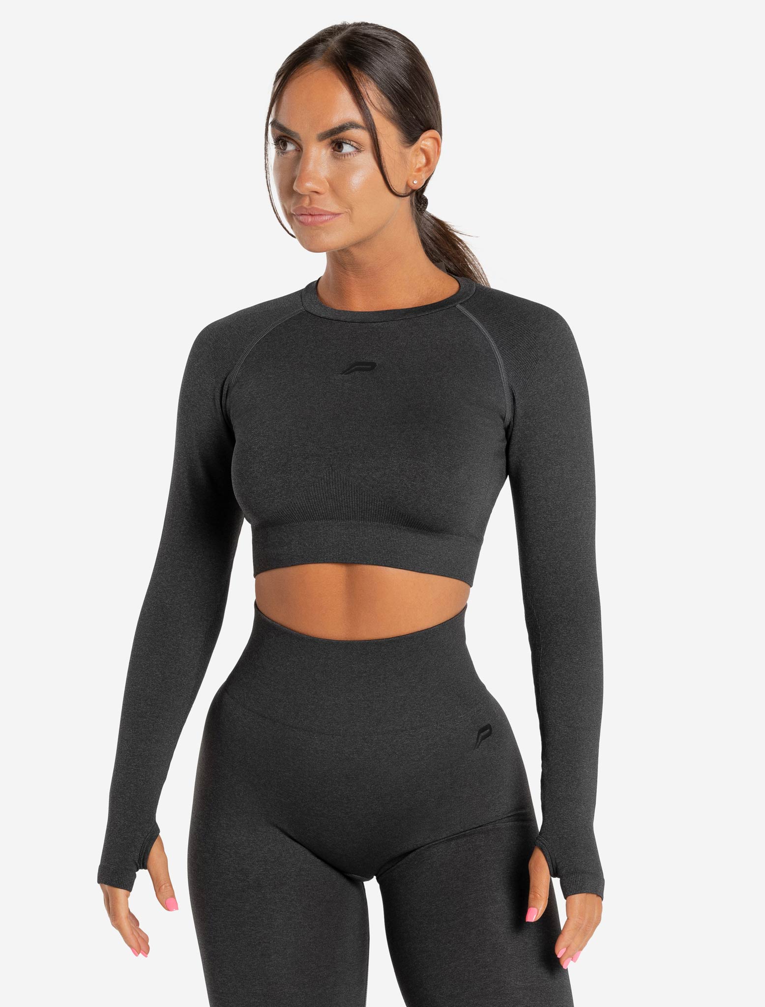 Core Seamless Long Sleeve Crop Top, Black Marl