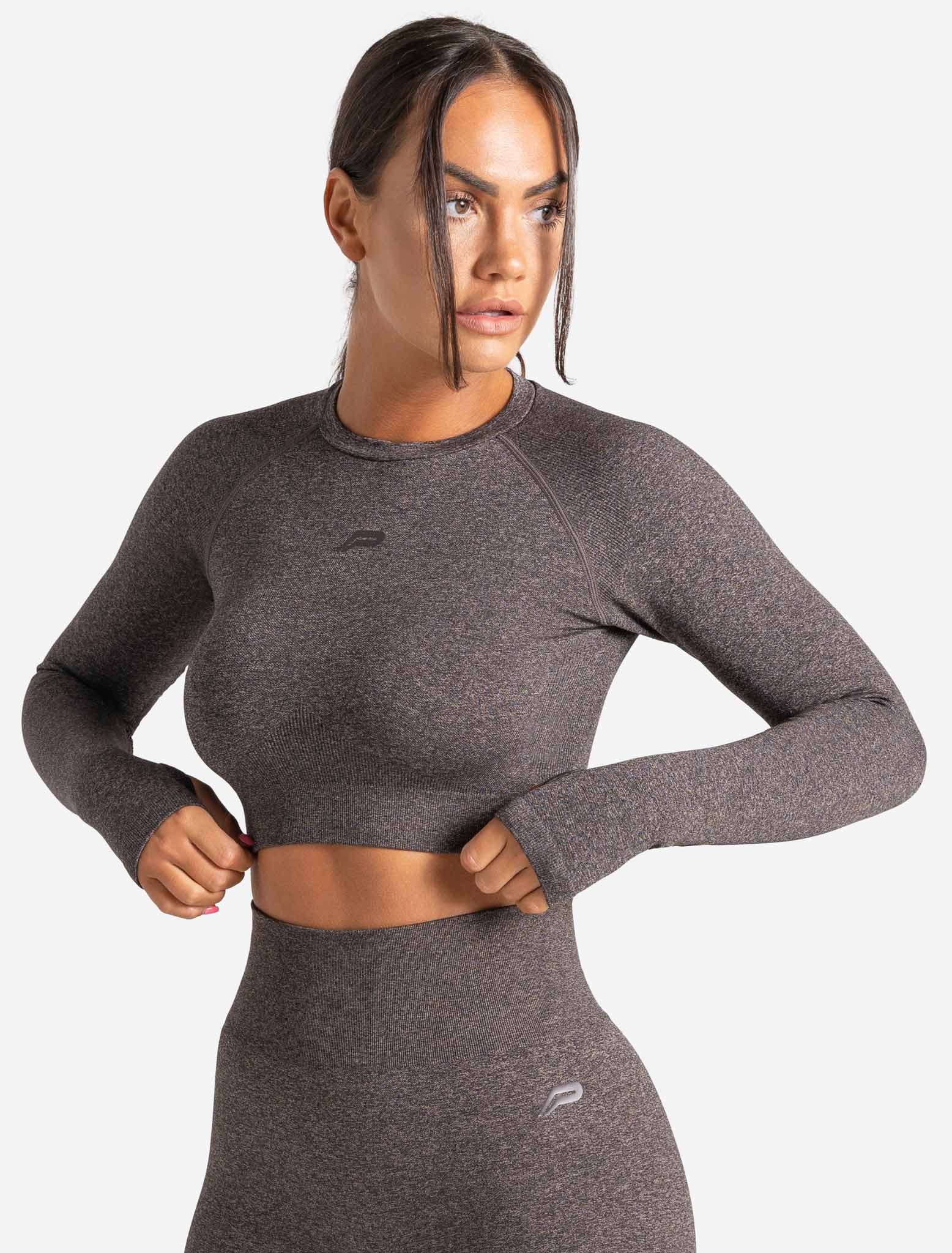 Core Seamless Long Sleeve Crop Top / Brown Marl Pursue Fitness 2