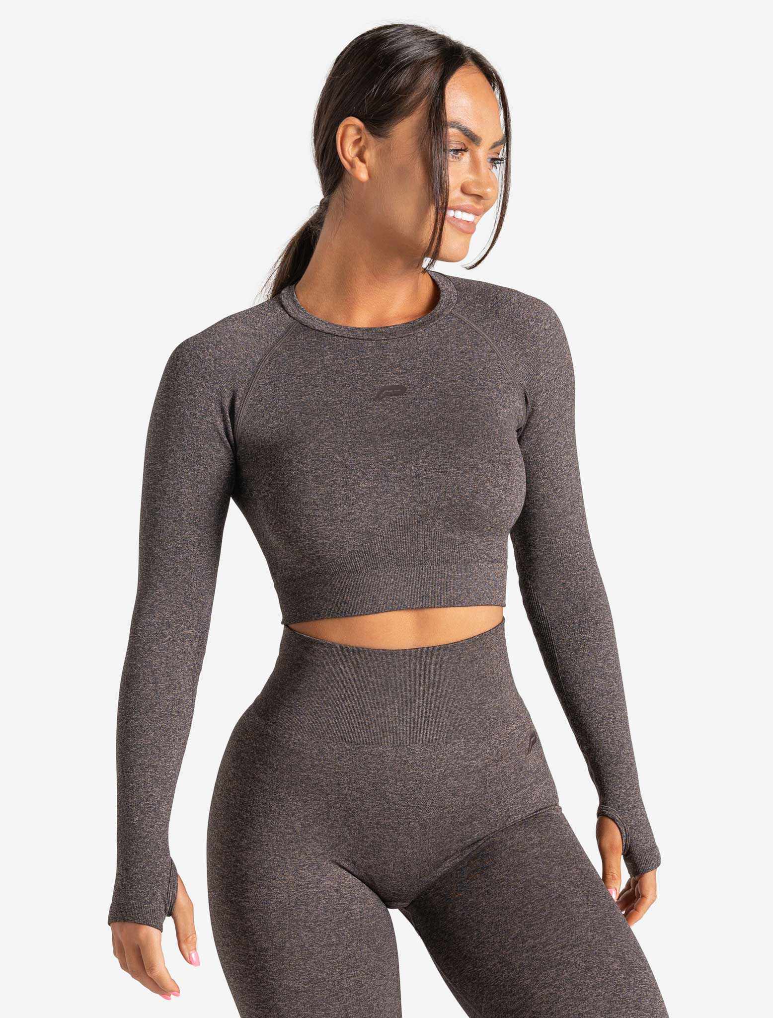 Core Seamless Long Sleeve Crop Top / Brown Marl Pursue Fitness 7