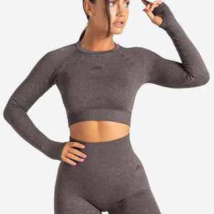 Core Seamless Long Sleeve Crop Top / Brown Marl Pursue Fitness 1