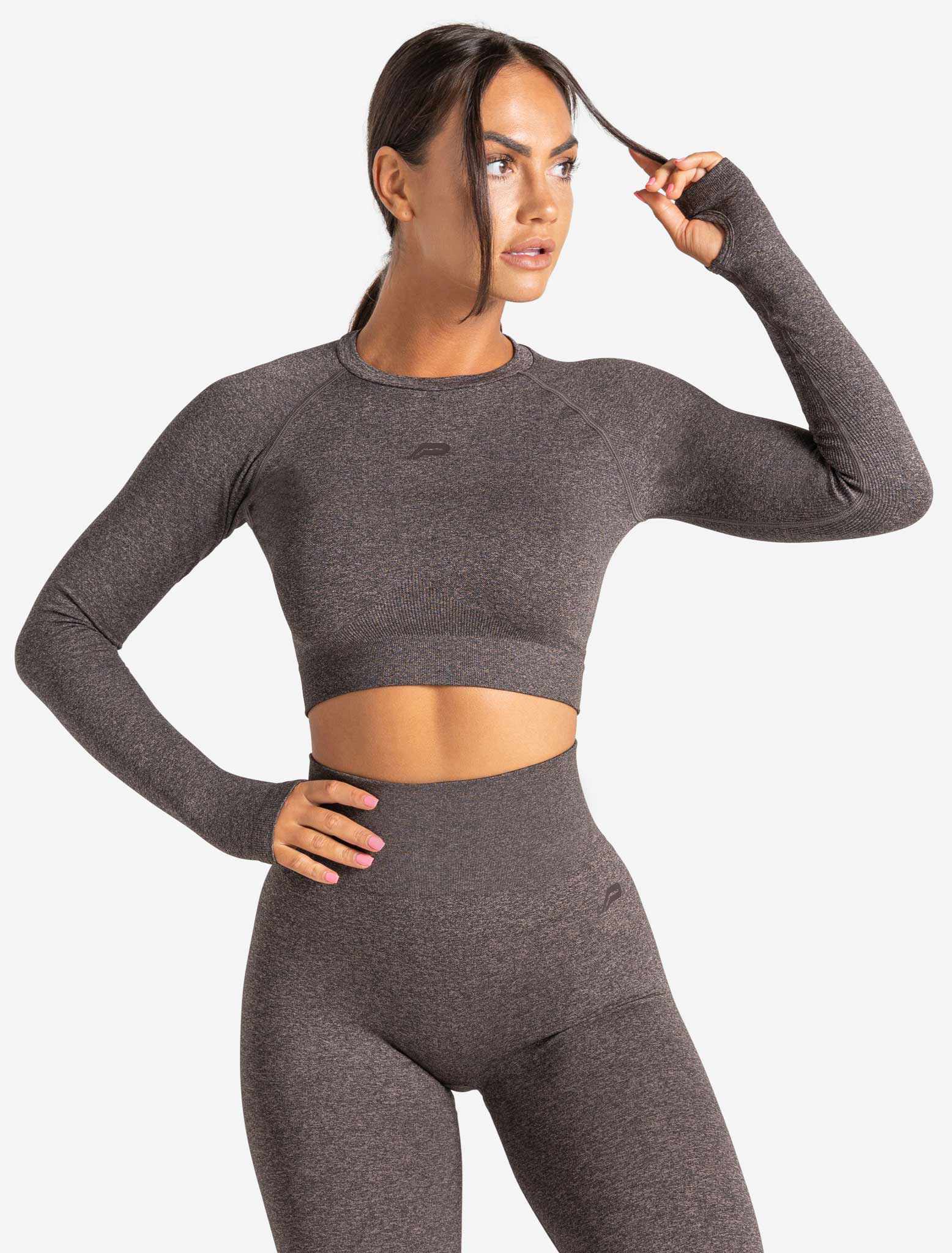 Core Seamless Long Sleeve Crop Top / Brown Marl Pursue Fitness 1