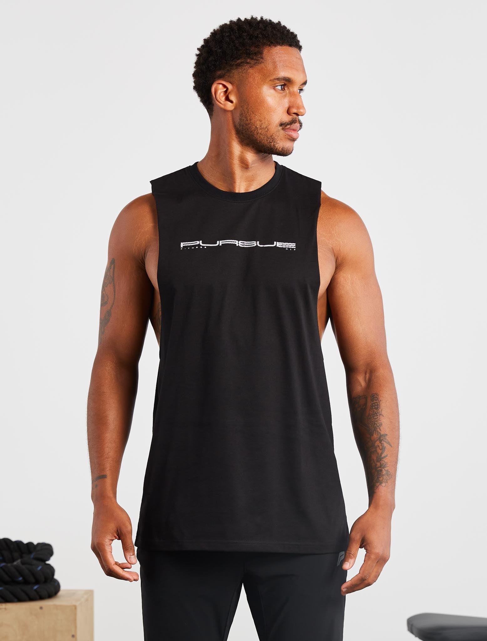 Graphic Drop Arm Tank | Black | Pursue Fitness