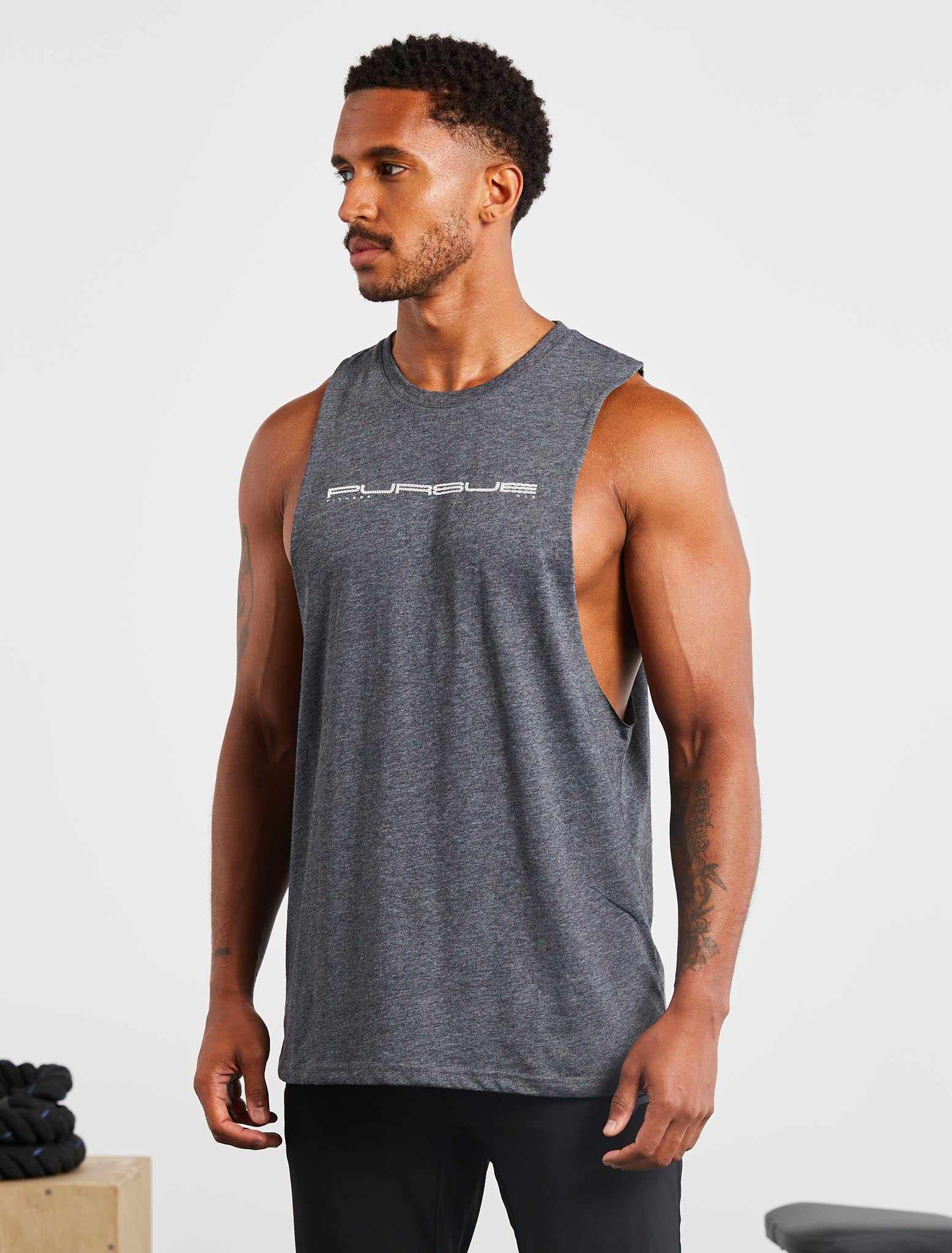 Graphic Drop Arm Tank / Charcoal Marl Pursue Fitness 2