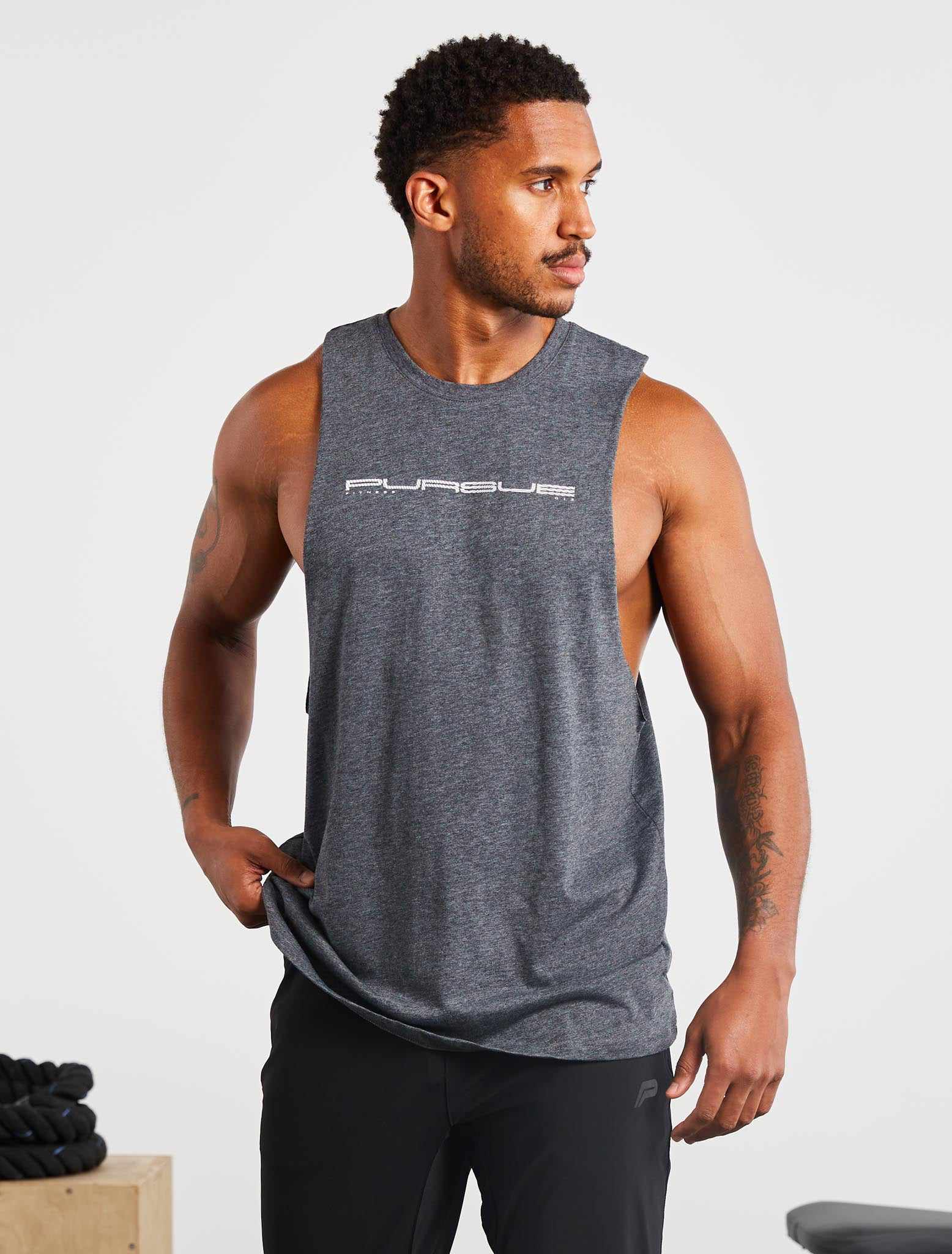 Graphic Drop Arm Tank / Charcoal Marl Pursue Fitness 1