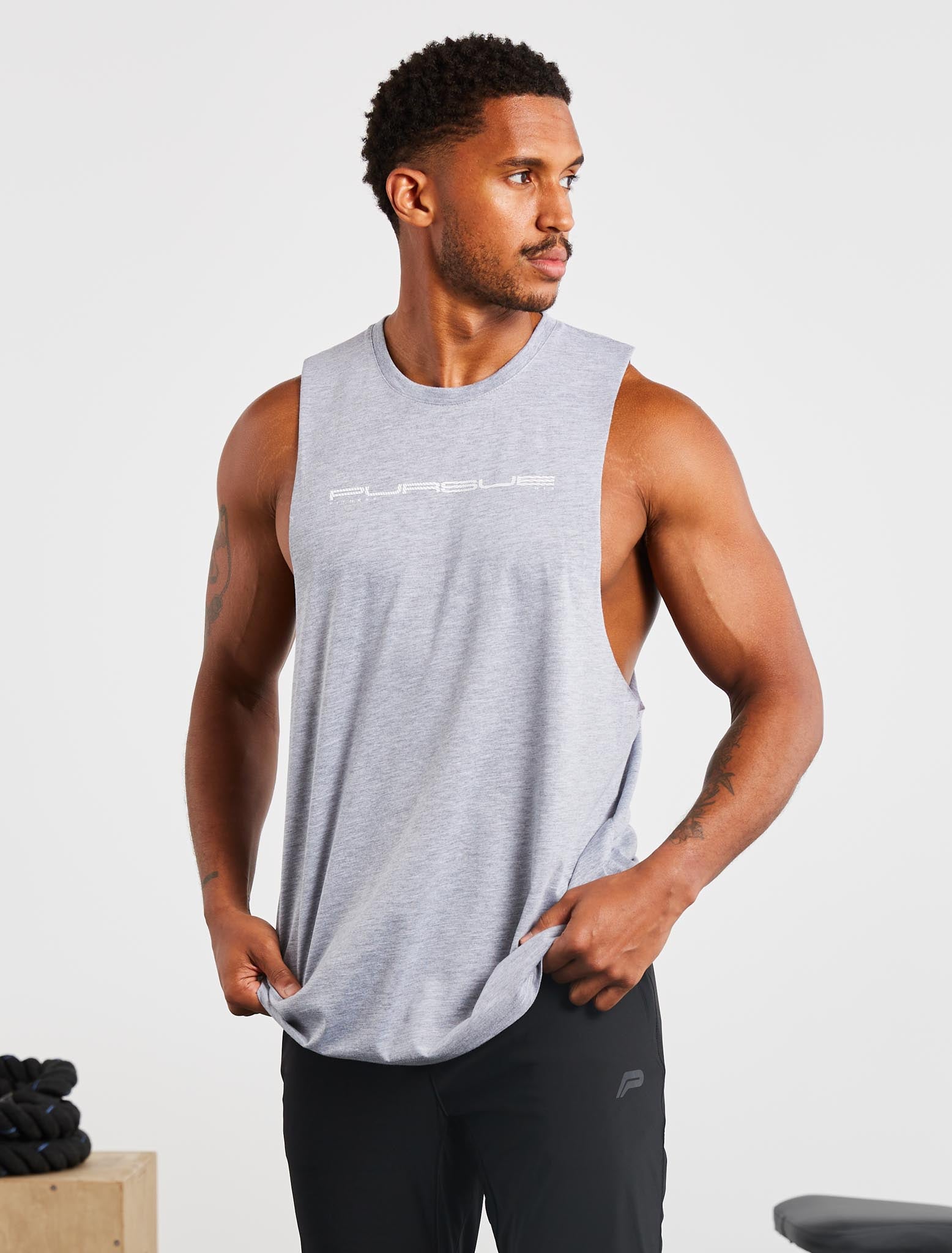 Graphic Drop Arm Tank | Grey Marl | Pursue Fitness