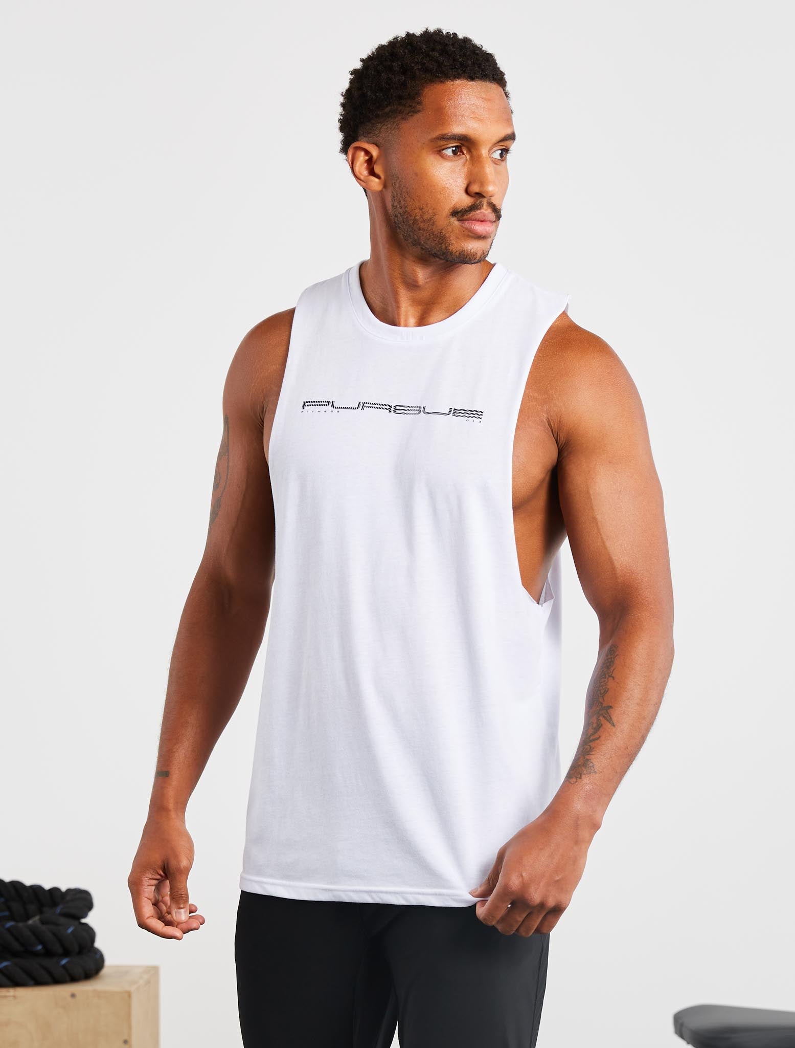 Graphic Drop Arm Tank | White | Pursue Fitness