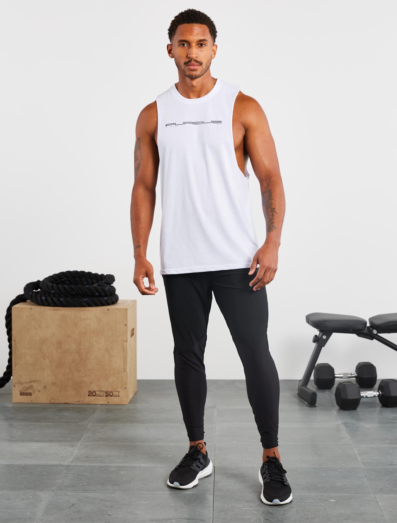 Graphic Drop Arm Tank | White | Pursue Fitness