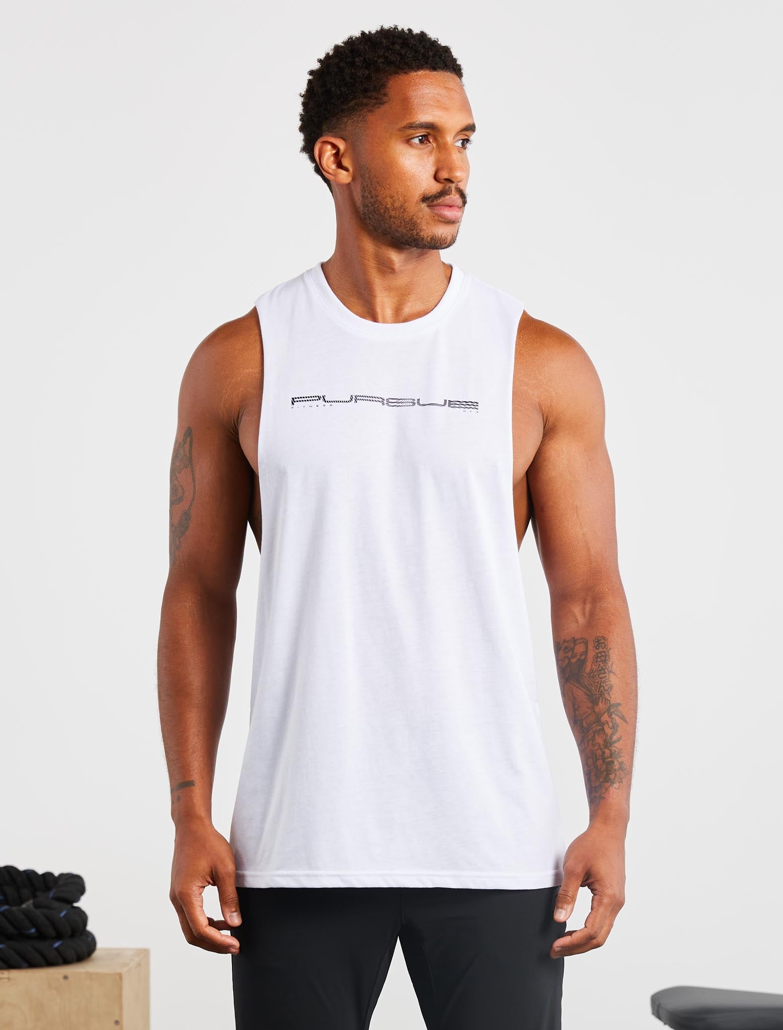 Graphic Drop Arm Tank / White Pursue Fitness 1