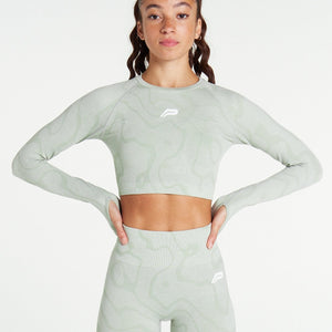 Sustainable Seamless Long Sleeve Crop Top / Sage Green Pursue Fitness 2